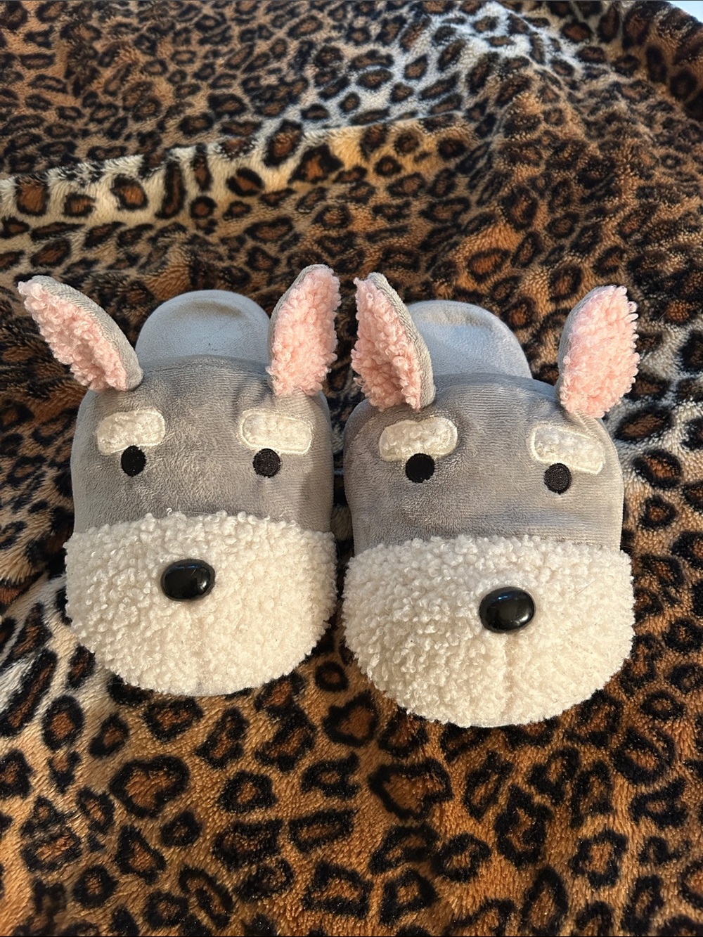 Kids Grey & Pink Plush Animal Slippers